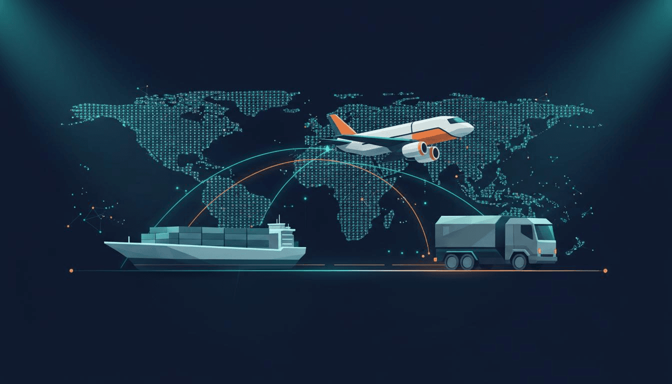 Illustration of global logistics: air, ocean, and road connected across a digital world map.