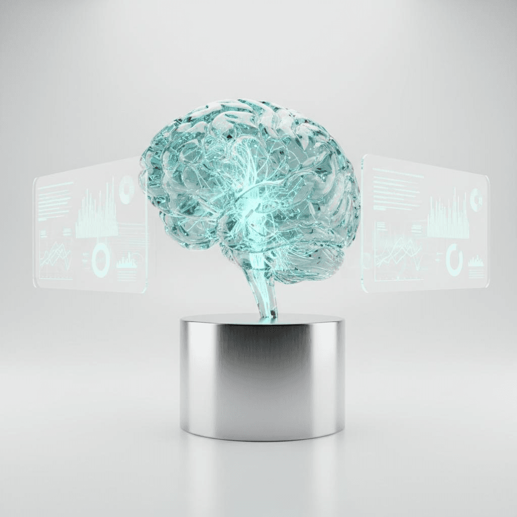 Futuristic glass brain on a pedestal with holographic charts—representing Cargo411 AI intelligence.
