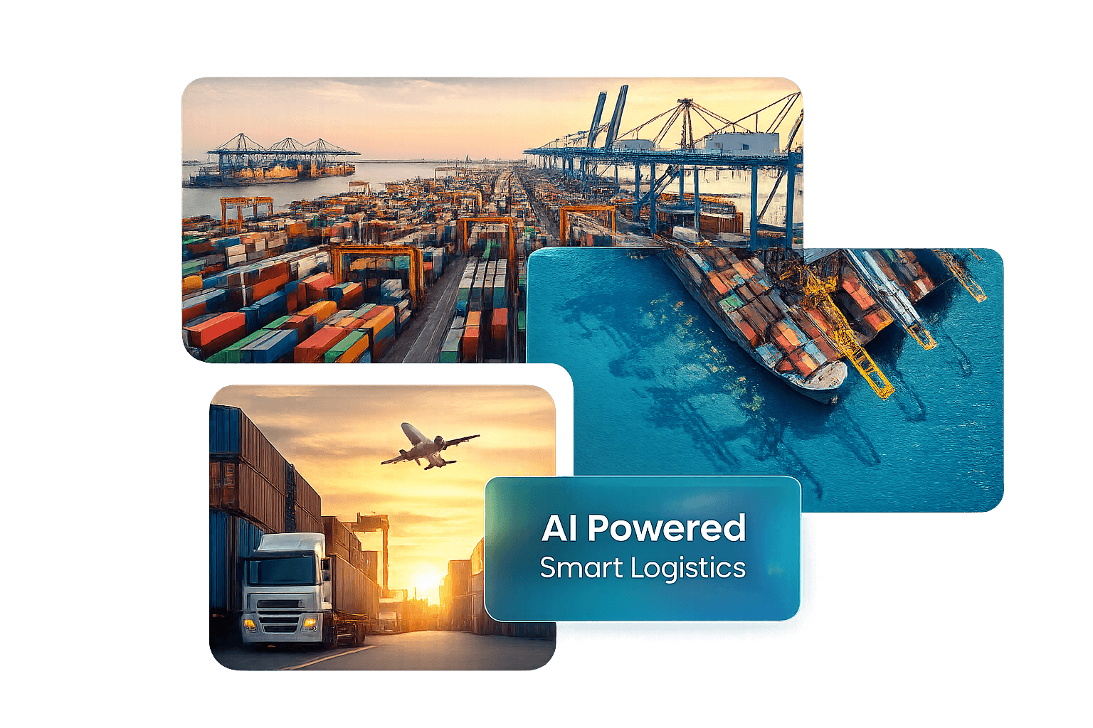 Global logistics: port, ships, trucks, and air freight