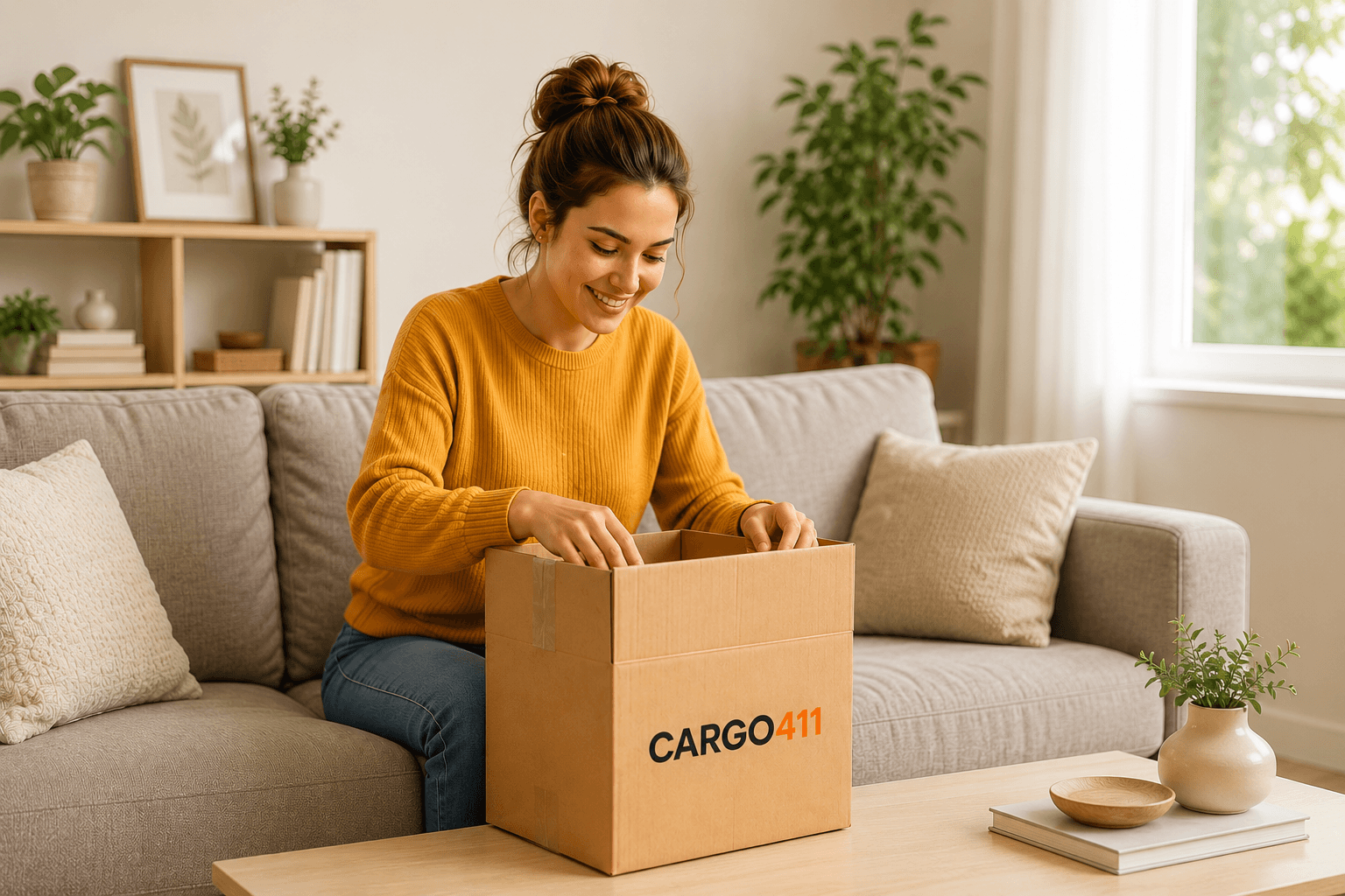 Smiling person packing a Cargo411-branded shipping box on a coffee table in a bright modern living room