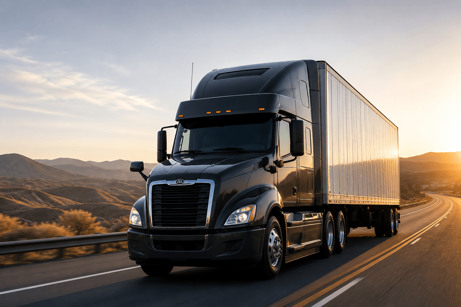 Semi-truck on a highway at sunset