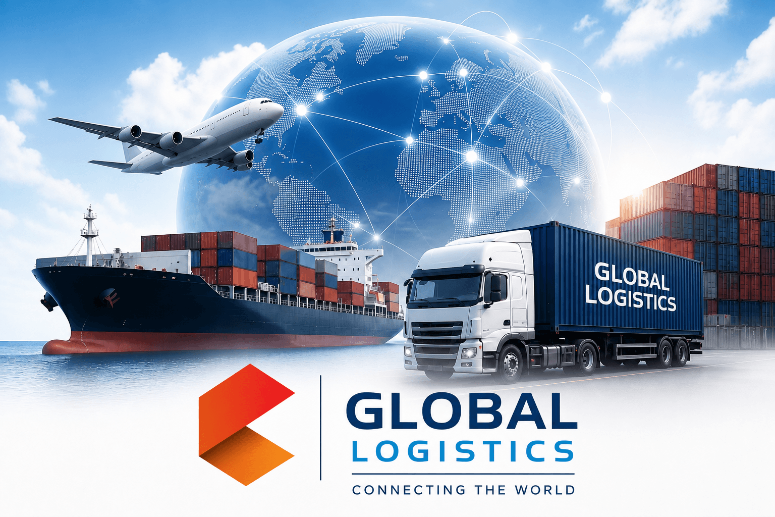 Global logistics banner: air cargo, ocean freight, road transport, and a connected world network.
