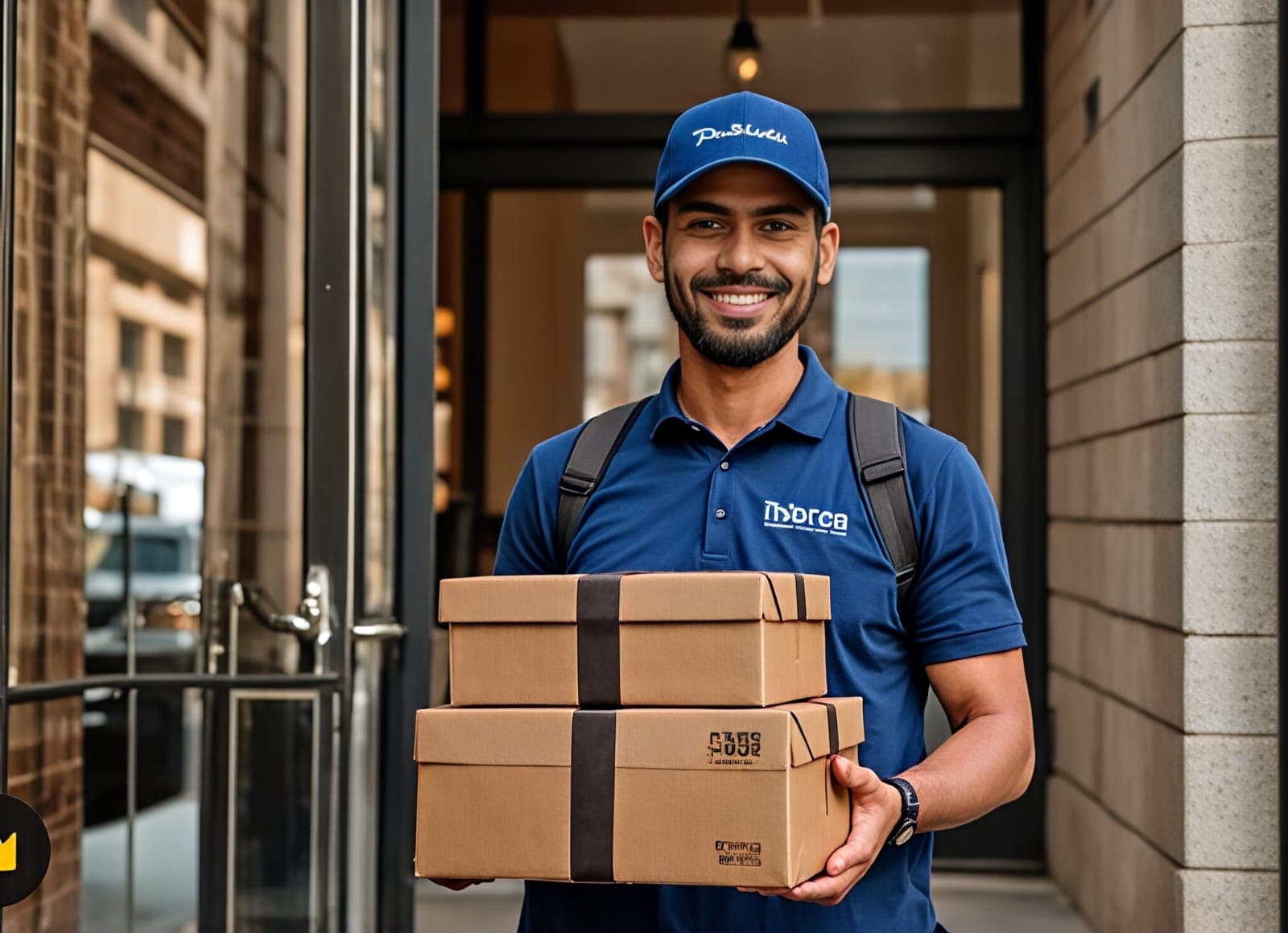 Smiling delivery professional in uniform holding stacked packages at a building entrance