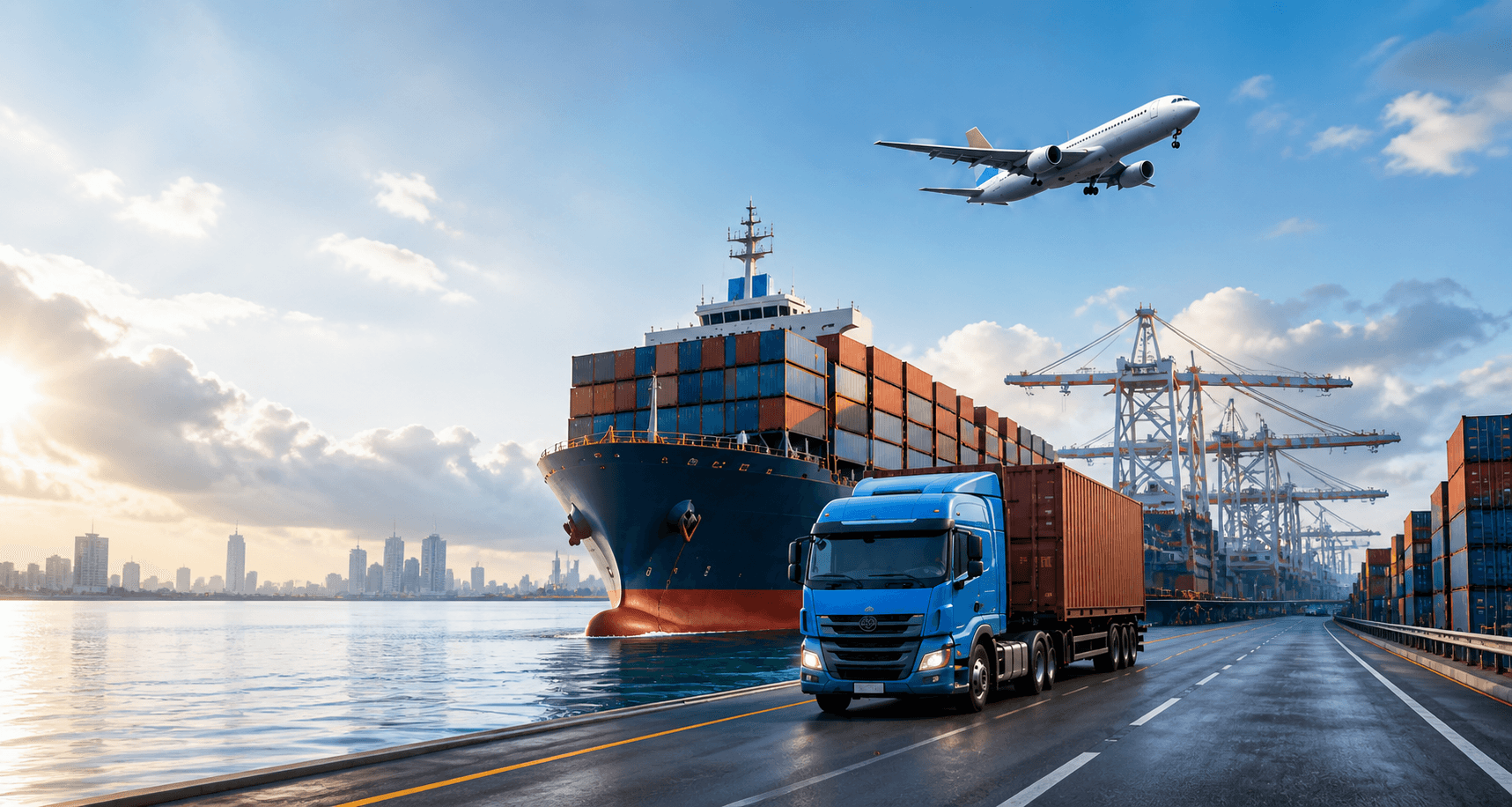 Multimodal logistics scene with truck, container ship, and cargo plane at a port